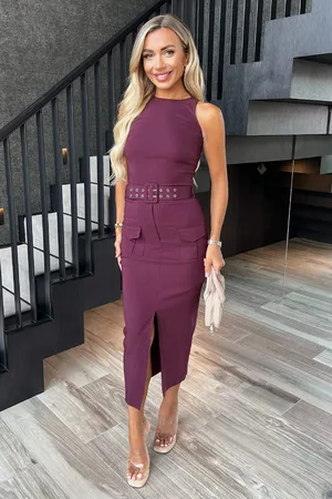 Ax Paris Womens Plum Round Neck Belted Bodycon Cargo Midi Dress - - Size 14 UK
