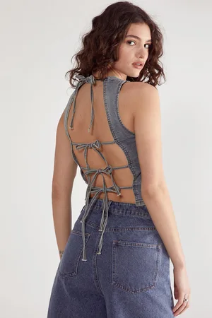 NASTY GAL Womens Denim Lace Back Top - Cotton - Size 16 UK