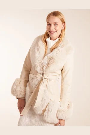 Blue Vanilla Womens Faux Fur Collar PU Belted Coat - - Size 16 UK