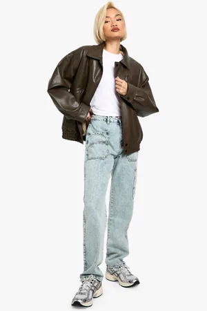 Boohoo Womens Acid Wash Cargo Straight Fit Jeans - Cotton - Size 6 UK