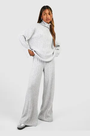 Boohoo Womens Soft Mixed Rib Knit Wide Leg Trousers - - Size Medium