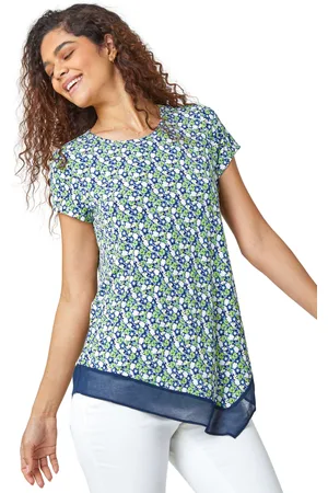 Roman Womens Floral Asymmetric Chiffon Hem Tunic Top - - Size 10 UK
