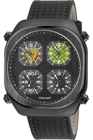 GV2 by Gevril Mens Quattro Zone, IPBK Case, dial, 4 time sub w/White Stitching Handmade Italian Leather Strap - One Size