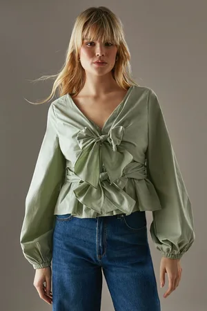 warehouse Womens Poplin Tie Front Balloon Sleeve Blouse - Cotton - Size 12 UK