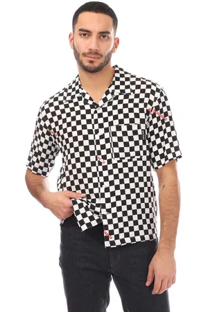 Palm Angels Mens Damier Print Bowling Shirt in Black Red viscose - Size 3XS