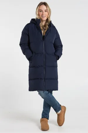French Connection Womens Midnight Midi Quilted Puffer Jacket With Hood - - Size Large