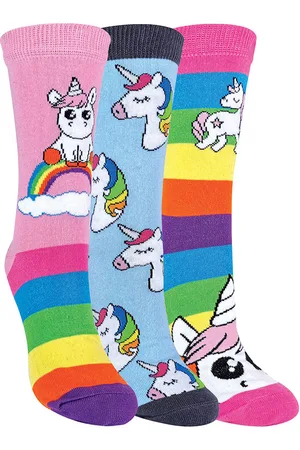 Sock Snob Childrens Girls 3 Pack Mythical Unicorn Striped Rainbow Theme Socks - Cotton - Size 12.5-3 Child