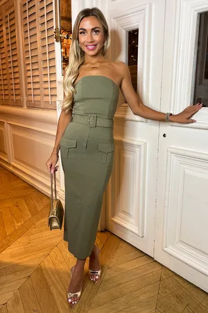 Ax Paris Womens Stretch Cotton Strapless Belted Bodycon Midi Dress - Size 16 UK