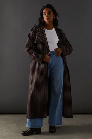 warehouse Womens Pinstripe Belted Trench Coat - Size 8 UK