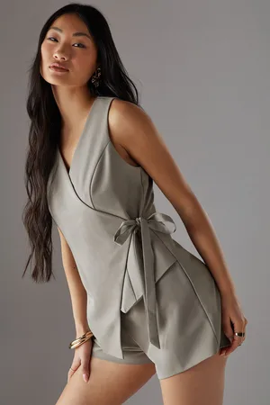 warehouse Womens Petite Tailored Waistcoat Tie Side Playsuit - - Size 6 UK