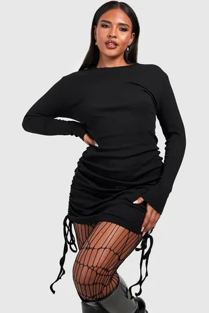 Boohoo Womens Plus Rib Ruched Long Sleeve Bodycon Dress - Cotton - Size 28 UK