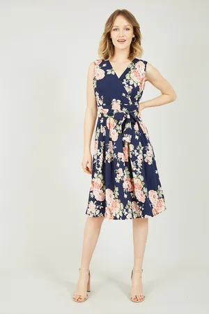 Mela Womens Rose Printed Wrap Over Sleeveless Skater Dress - Size 16 UK