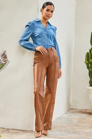 Sosandar Womens Tan Leather Button Front Wide Leg Trousers - - Size 16 Regular