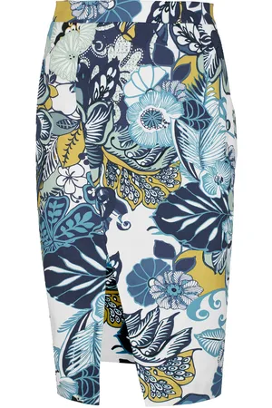 Conquista Womens Floral Cotton Pencil Skirt in Blue and Green Shades - Gabardine - Size X-Large