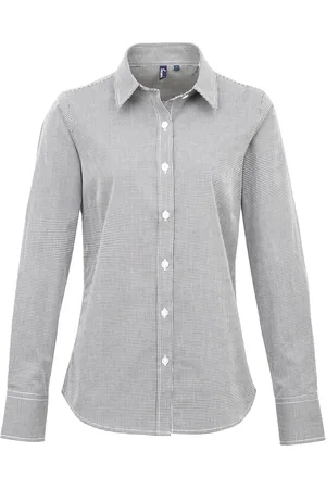 Premier Womens/Ladies Microcheck Long Sleeve Shirt ( /White) Cotton - Size Large