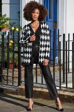 Sosandar Womens & White Diamond Pattern Cardigan - Size Small