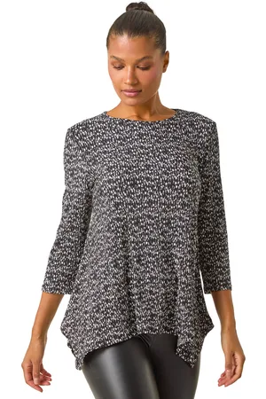 Roman Womens Printed Plisse Hanky Hem Tunic Stretch Top - - Size 10 UK