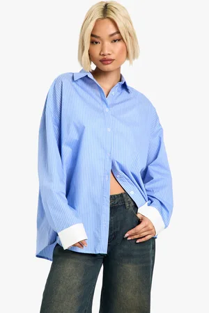 Boohoo Womens Oversized Stripe Contrast Wide Cuff Shirt - Cotton - Size 10 UK