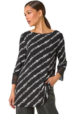 Roman Womens Spot Stripe Lace Trim Stretch Top - - Size 18 UK