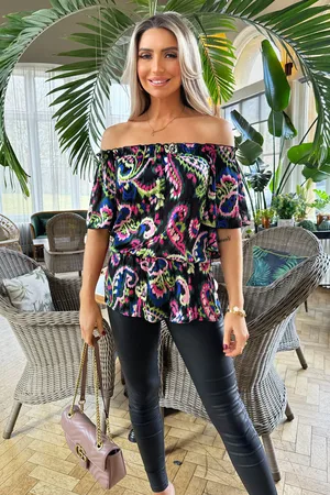 Ax Paris Womens Multi Print Bardot Frill Sleeve Top - - Size 10 UK