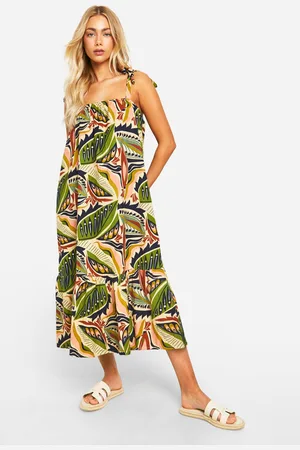 Boohoo Womens Printed Tie Strap Linen Look Midaxi Dress - Cotton - Size 12 UK