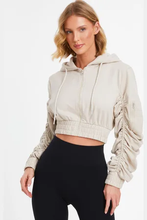 Quiz Womens Ruched Sleeve Cropped Hoodie - Size Large