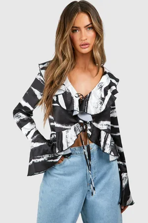 Boohoo Womens Zebra Ruffle Satin Printed Blouse - - Size 16 UK