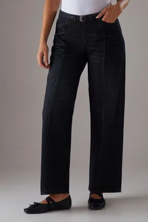 warehouse Womens Denim Low Rise Seam Detail Belted Wide Leg Jean - Cotton - Size 16 UK