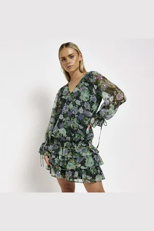 River Island Womens Mini Dress Petite Black Chiffon Belted - Size 8 UK