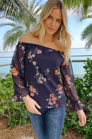 Sosandar Womens Navy Blue Print Sheer Sleeve Bardot Top - Size 6 UK
