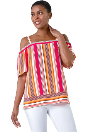 Roman Womens Stripe Print Cold Shoulder Bardot Top - - Size 10 UK