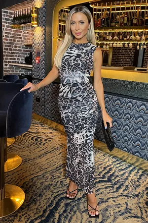 Ax Paris Womens Multi Leopard Print Mesh Sleeveless Ruched Side Split Midi Dress - - Size 10 UK