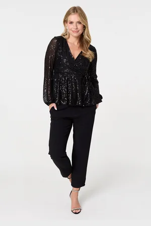 Izabel London Womens Sequin Embellished Long Sleeve Peplum Top - Size 8 UK