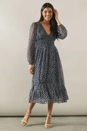 wallis Womens Printed V Neck Blouson Sleeve Midi Dress - - Size Small