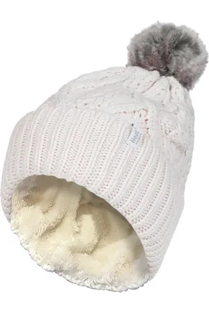 Heat Holders Womens Ladies Ribbed Cuffed Pom Pom Bobble Beanie Hat with Fleece Lining - - One Size