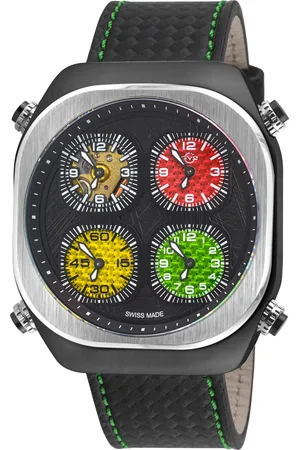 GV2 by Gevril Mens Quattro Zone, IPBK Case, dial, 4 time sub w/White Stitching Handmade Italian Leather Strap - One Size