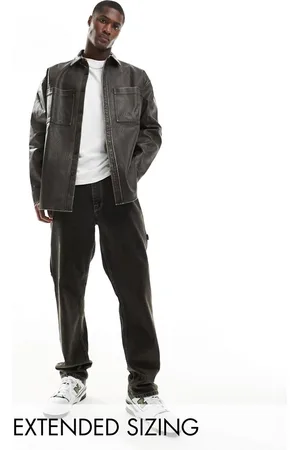 ASOS Mens 90s oversized faux leather shirt with split hem in washed grey - Size X-Small