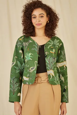 Yumi Womens Animal Print Reversible Cotton Cropped Quilted Jacket - Size 14 UK