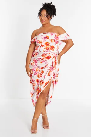 Quiz Womens Curve Floral Bardot Ruched Midi Dress - Size 18 UK