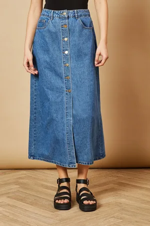 Oasis Womens Denim Button Through Midi Skirt - Cotton - Size 10 UK