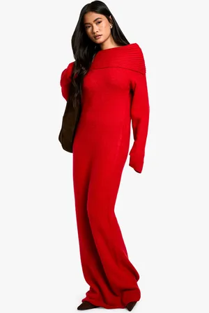 Boohoo Womens Premium Oversized Rib Bardot Neckline Soft Knit Jumper Dress - - Size Medium