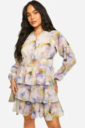 Boohoo Womens Plus Printed Chiffon Ruffle Skater Dress - - Size 28 UK