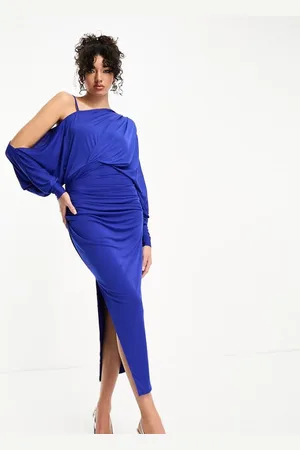 ASOS Womens DESIGN off shoulder grecian drape midi dress in cobalt - Size 6 UK