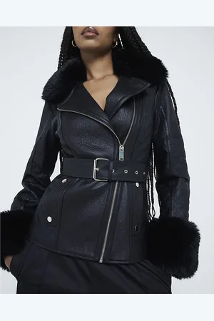River Island Womens Biker Jacket Faux Leather Belted Pu - Size 14 UK