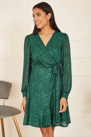 Mela Womens Sequin Long Sleeve Frill Wrap Dress - Size 8 UK