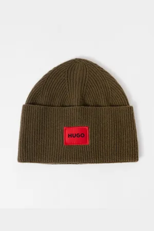 HUGO BOSS Xaff 6 Mens Knitted Beanie Hat With Ribbing and Red Logo Label - - One Size