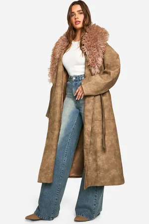 Boohoo Womens Faux Fur Collar Vintage Look Leather Trench Coat - - Size 12 UK