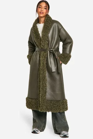 Boohoo Womens Teddy Trim Belted Faux Leather Coat - - Size 12 UK