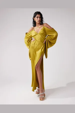 ASOS Womens satin extreme sleeve cold shoulder maxi dress in olive -Red - Size 4 UK