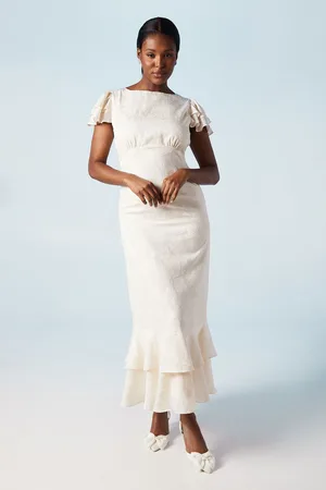 Oasis Womens Satin Jacquard Flutter Sleeve Wedding Maxi Dress - - Size 8 UK